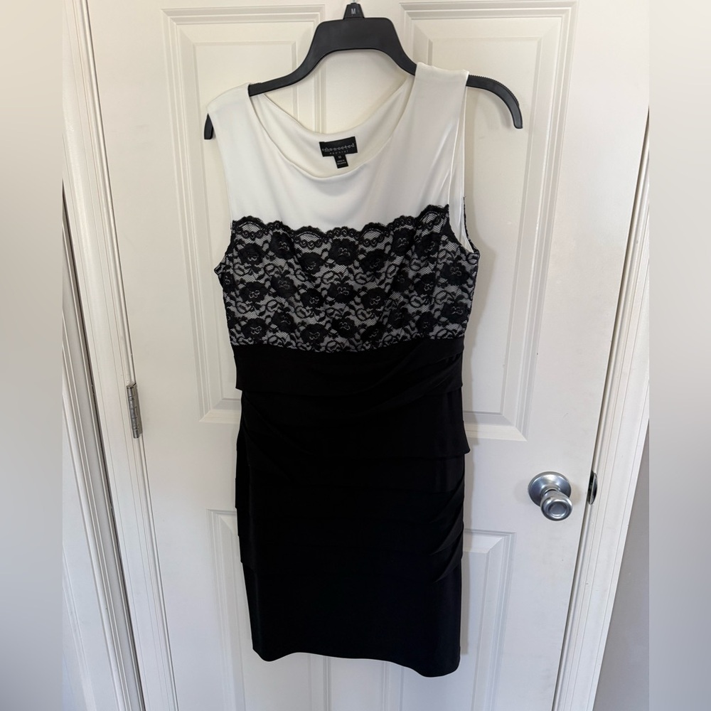 connected apparel White and Black Lace Sheath Midi Dress
